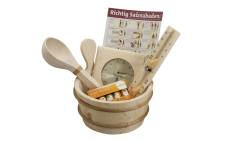 Basic saunaset 11-delig met houten emmer, houten lepel, zandloper, Thermo-Hygrometer, sauna geuren en sauna instructies