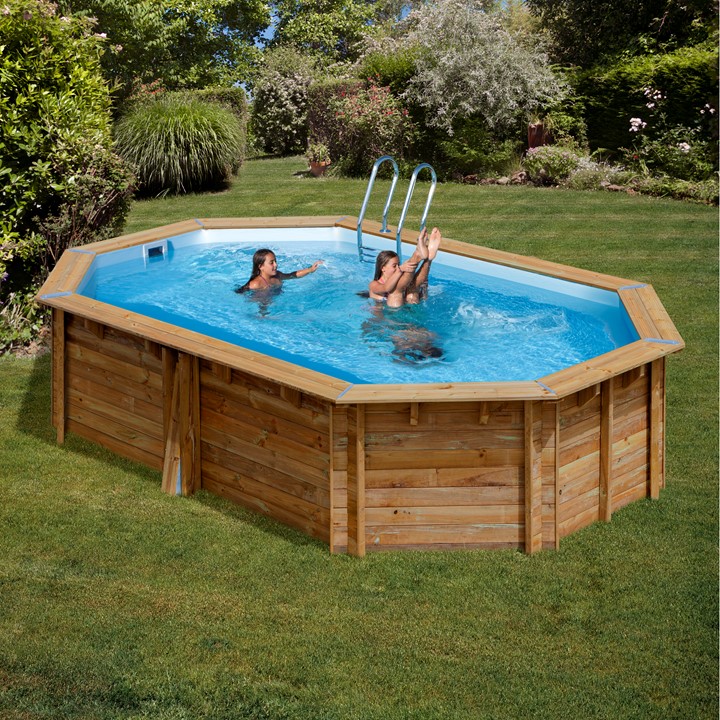 Noppenfolie blauw-blauw - langwerpig houten zwembad achthoekig Cannelle - binnenafmetingen 503cm x 303cm